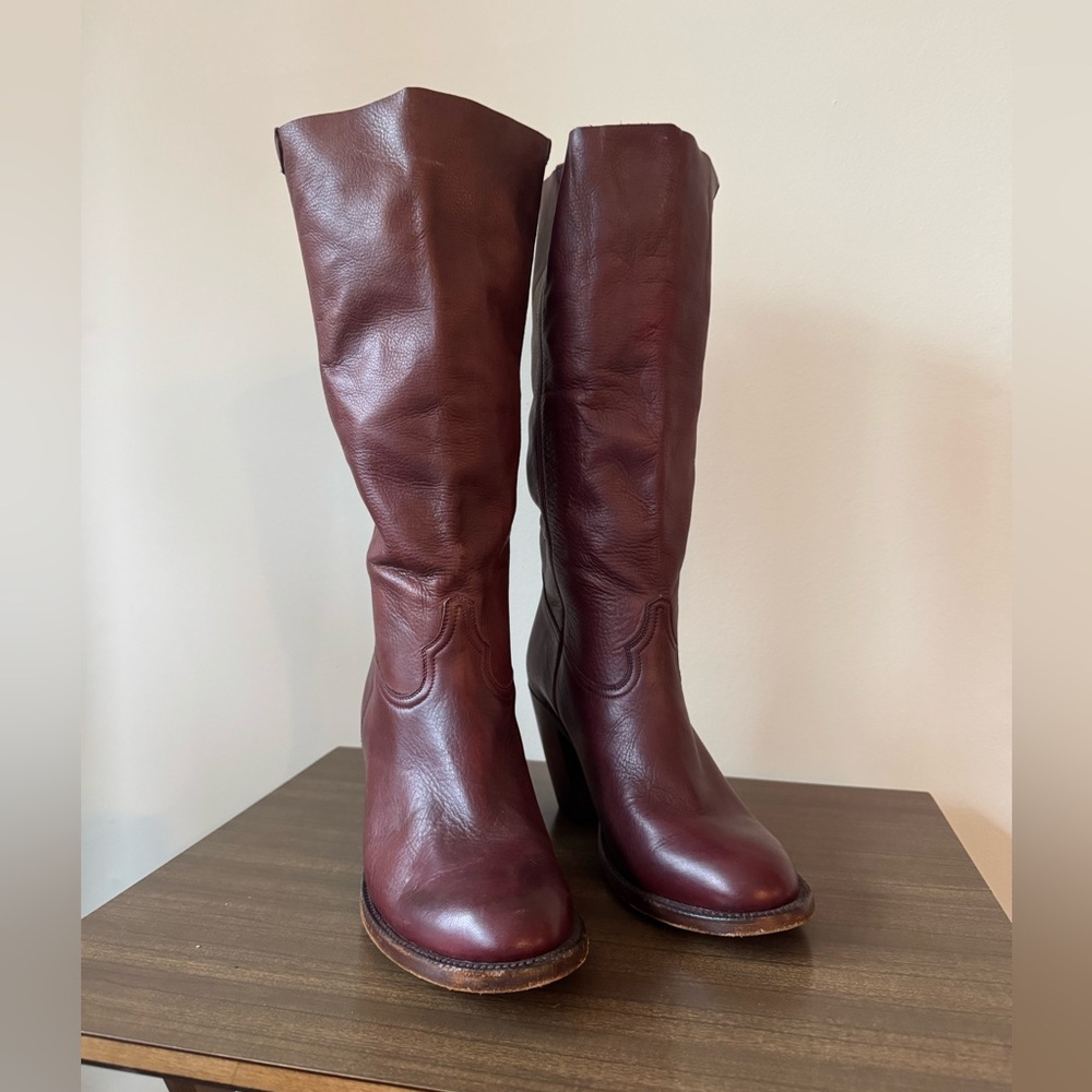 Lucchese Burgundy Mid-Calf Heeled Leather Boots - Size 9